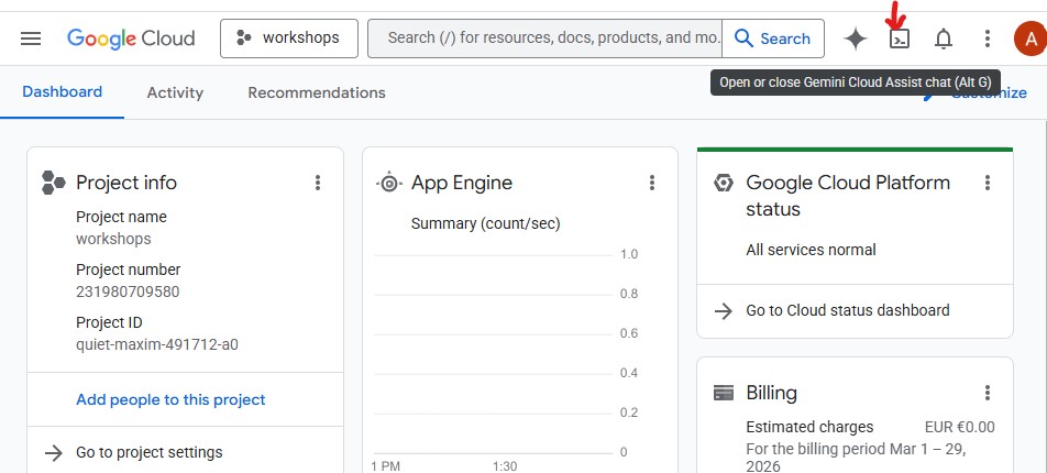 Open Cloud Shell from the GCP Console toolbar