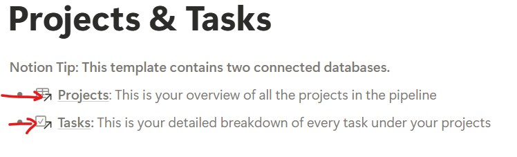 Opening the Projects database from the template page
