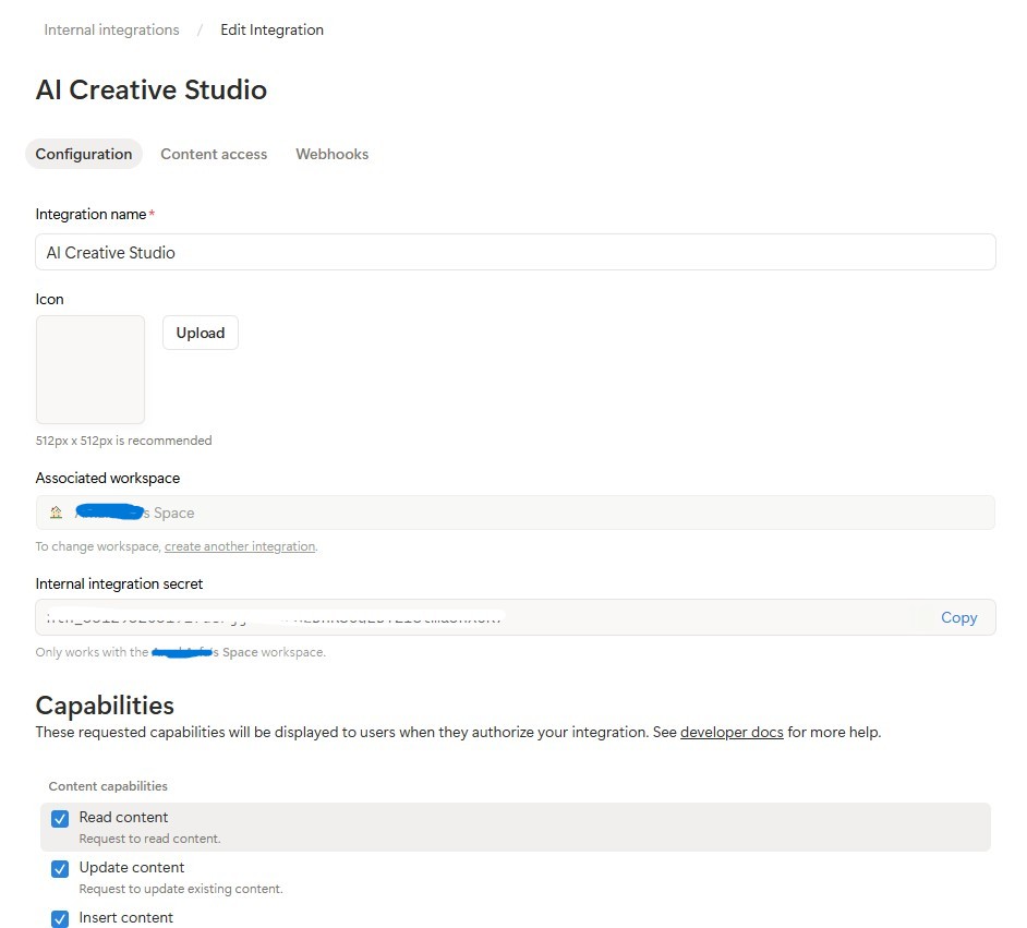 Notion integration settings - name it “AI Creative Studio” and copy the token