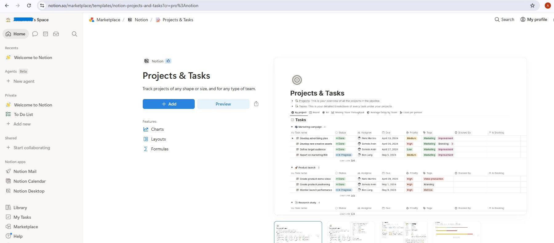 Notion Projects & Tasks template in the Marketplace